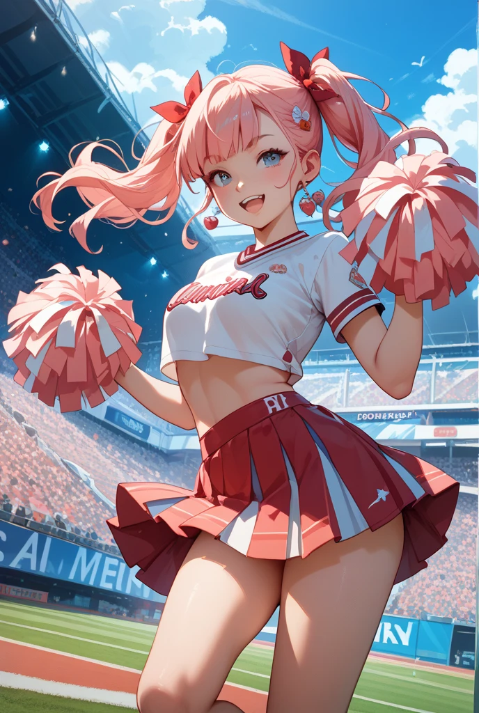 (Highest quality, 8k, 32K, masterpiece, Ultra-high resolution,:1.2),to be born, One Girl,So cute , Fantasy background like a ground, clear, Shining Eyes, Age 25 ,Fair skin, Girl with pink hair, A beautiful girl like a fox, Cheerleader, Slanted Eyes, Long Hair, An innocent smile, Grin, Large Breasts, mini skirt, Twin tails