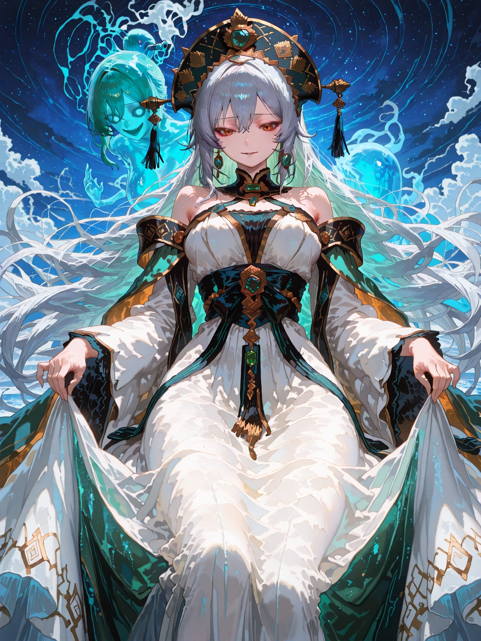 Royal the figure rises majestically under the starry sky,Empress, Jietian , dress adorned with a flowing dress in bright blue and green shades, elegantly going behind her. The dress is decorated with intricate, eyes resembling , , and the design includes graceful curves and smooth lines, patterns conveying a sense of movement and elegance. Her long, The decorative cape is a rich combination of orange and gold, , creating a warm contrast to the cooler tones of the. She wears an exquisite, decorated with gold and emerald details, , headdress, complementing the symphony of colors in her. The background shows a mystical scene with distant mountains under the twilight sky, where thin clouds capture the last light of twilight. The atmosphere is serene , , with a sense of calm and calm and calm otherworldly elegance, clothes that convey the essence of the fantastic world., girl sees ghosts, Dark scene, horror, frozen with fear, ghost environment, ghosts in the air