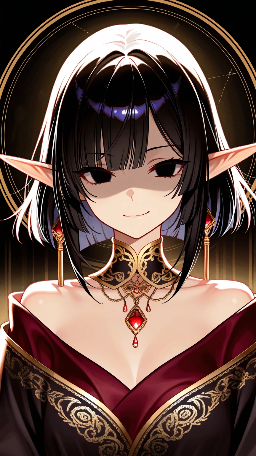 Young black girl, Long black hair, elf ears, red-eyes, golden jewelery, anger, Masterpiece, hiquality