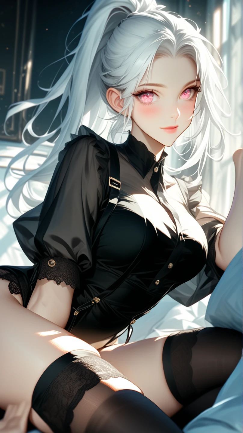 Elf, Silver Hair, In the torture chamber, Lying on a bed and crucified, school uniform, White shirt, skirt, Open your mouth, Raise your hands above your head,  Crying face, Small breasts, Bound with big black handcuffs, Spread your legs