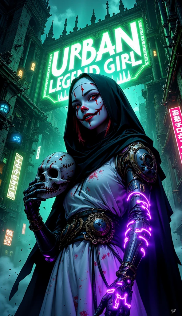 make an alien race. an old witch who looks like a zombie. futuristic race with cyberpunk style technology