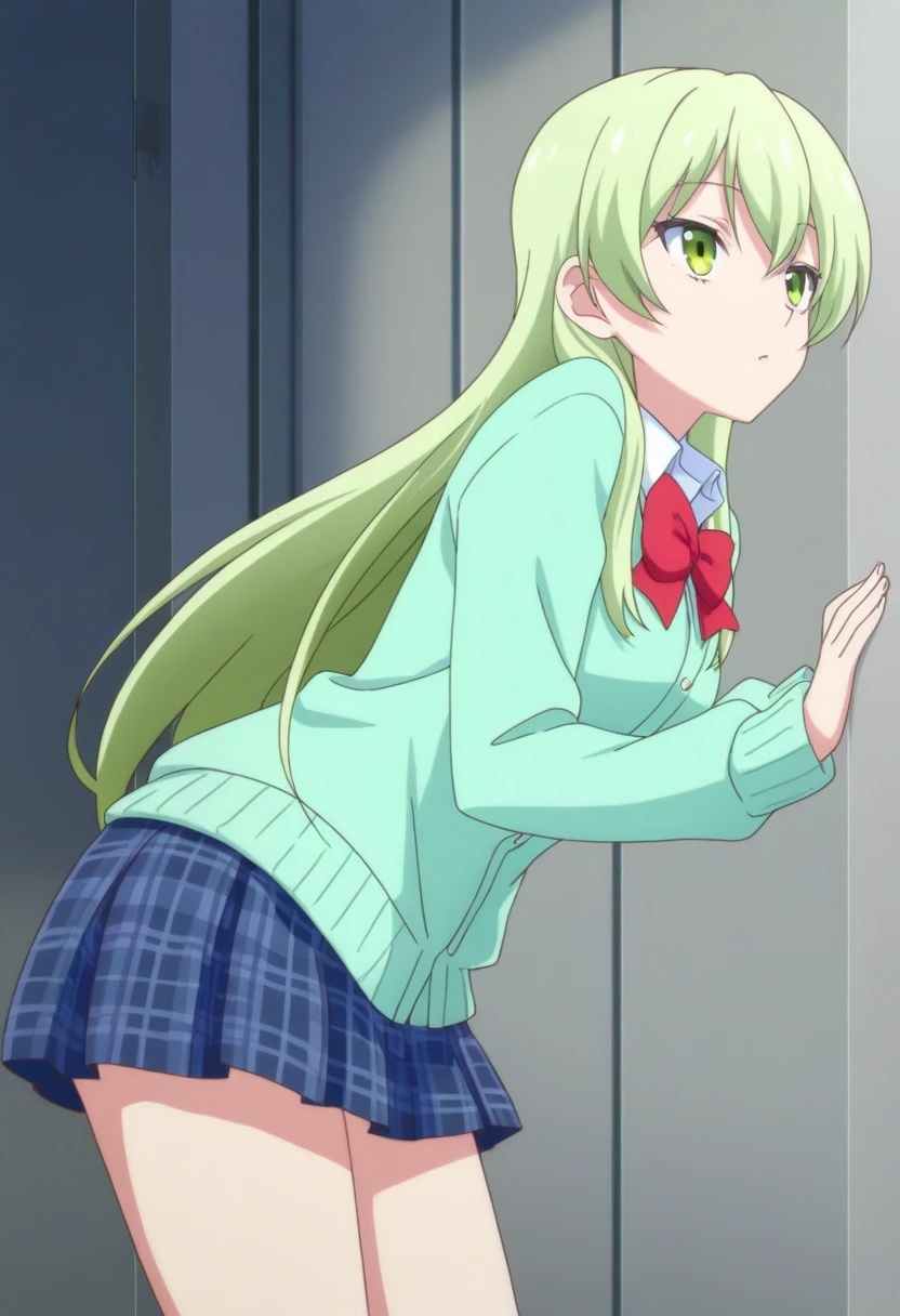 nsfw,1girl,1 person、toloverumy, my, Yellow Hair, Long Hair, Red eyes,
break school uniform, shirt, white shirt, bow, green bow, sweater, light brown sweater vest, Short sleeve,
break indoors, classroom,
break looking at viewer, Cowboy Shot,((White panties))、Panty shot、bottomless,Sit on a chair、Spread your legs,(,arms behind back,)
break (masterpiece:1.2), Highest quality, High resolution, (figure:0.8),