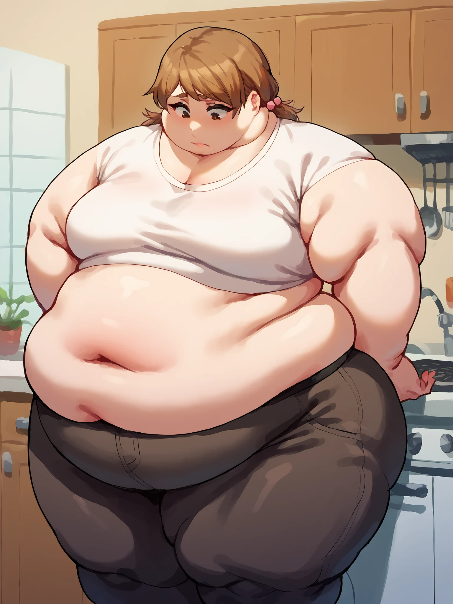 Score_9, score_8_up, score_7_up, score_6_up, source_anime, kitchen background, 1girl, larger_female, size_difference, standing, looking down, BREAK, , yuzu, short hair, brown hair, brown eyes,, twintails, chubby fat female, BREAK, fat, chubby, obese, fupa