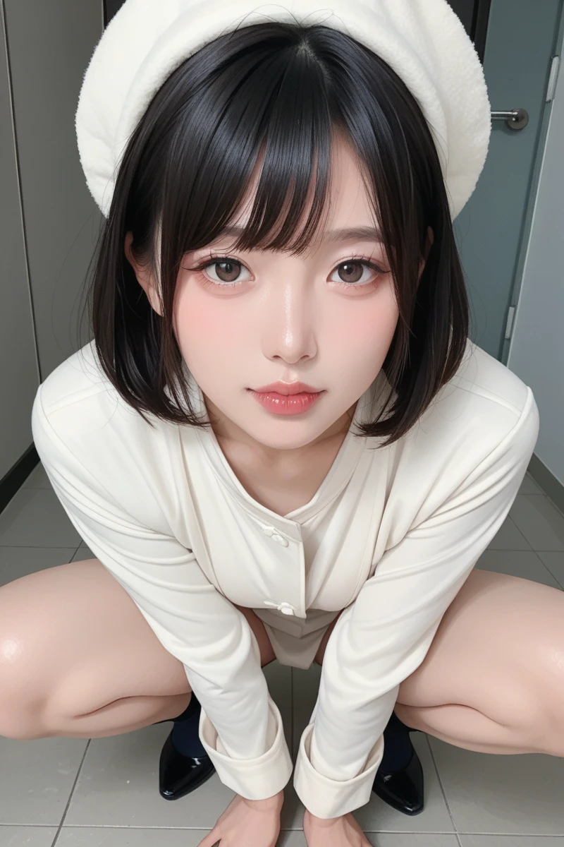 (a closeup:1.4)、(Raw photography:1.2)、(Photorealsitic:1.4)、(masterpiece:1.3)、(top-quality:1.4)、dream-like、(A detailed eye)、(detailed facial features)、(detailed clothes features)、skin tightening、(shinny skin)、(Slender and beautiful girl)、(Beautiful leg lines)、one girls、(FULL BODYSHOT)、独奏、cute little、Happy smiling face、(huge-breasted)、bangss、a short bob、A dark-haired、Black eye、Long Scarf、long court、White wool sweater、a miniskirt、Black thick pantyhose、Snow boots、beautiful thigh、big breasts thin waist、Sexy legs、