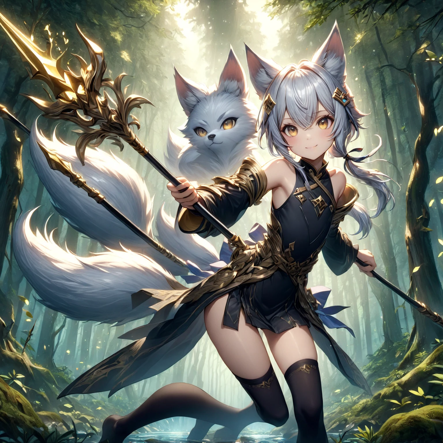 (anthropomorphism:1.5), Ink wash painting,  (Chinese White Female fox demon, Nine huge fox tails, In the middle), white background, scenery, ink, mountains, water, trees, Oriental elements, Chinese traditional color matching, ( Clear lines, masterpiece, official art, movie lighting effects, 4K )