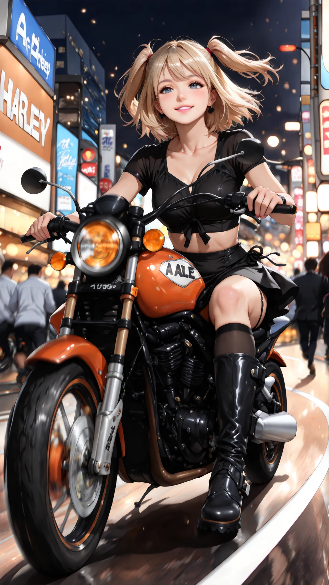 ((best quality)), ((masterpiece)), (detailed), 1girl, 8k_wallpaper, extremely detailed eyes, extremely detailed body, (large masterpiece digital art), ((perfect anatomy huge chest)), (intricate details:1.3 ), (ultra-detailed:1.3), (sharp focus:1.3), (natural lighting:1.05), (best quality:1.4), high quality, expressive eyes, full body, tall girl, detailed face, beautiful face, perfect face, detailed ((blonde hair)), (gold eyes), ({dark skinned female}), gigantic breasts, thick thighs, strong arm and leg muscles, strong abdominal muscles, {{the whole body is covered with yakuza tattoos}}, ((yakuza tattoo model Yerin)), Korean women, wearing a modern short black cloth jacket with rolled up sleeves, (wearing heavy gold colored steel armor), a wide red leather belt with blue steel yarn, steel boots, steel thigh guards, a walkie-talkie attached to his belt, a hiking backpack on his back, riding a motorcycle through Seoul at night, cyberpunk,