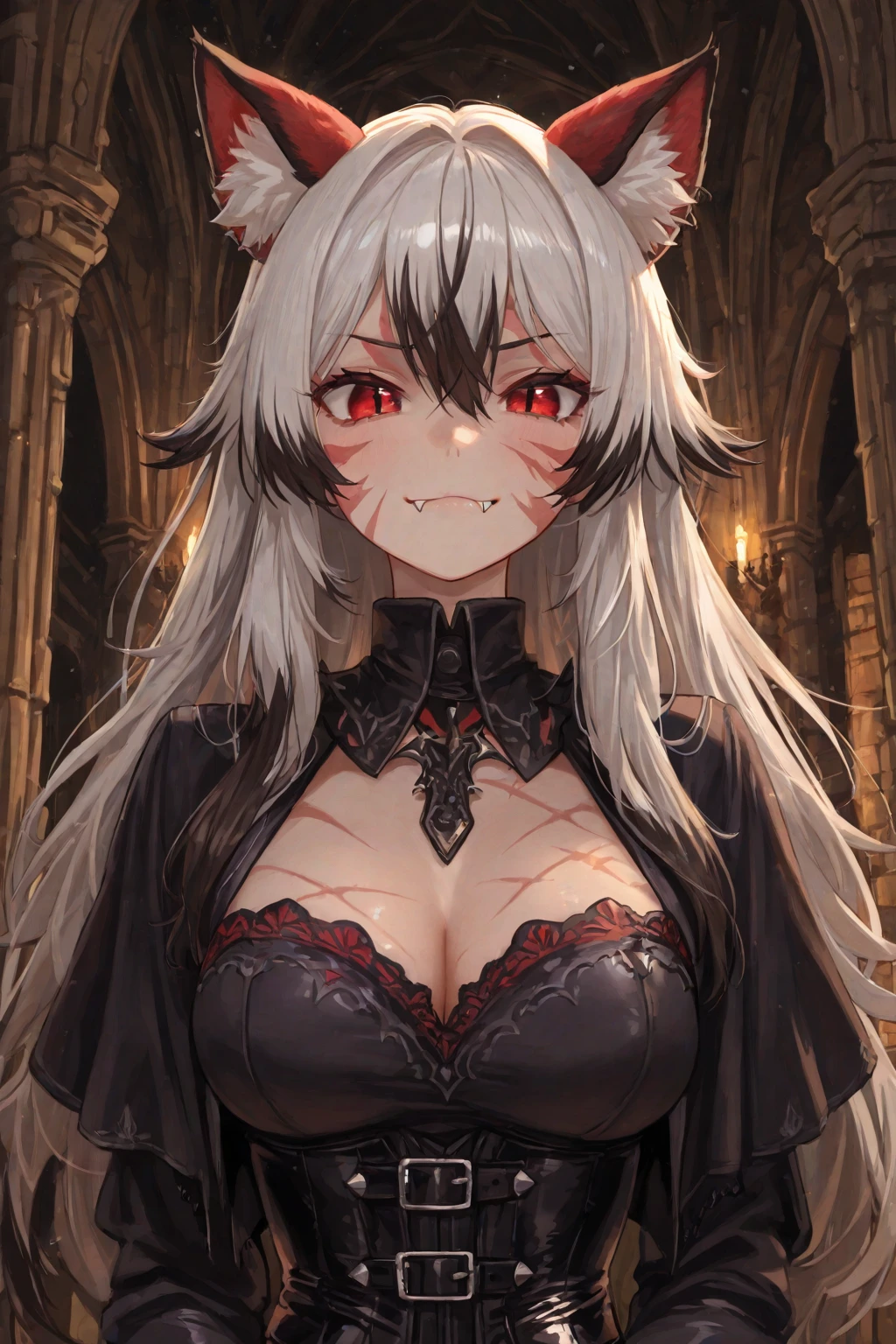 Sole, full body portrait, 8K, an epic and visually stunning digital art, tall beautiful young werewolf woman, detailed metal extravagant knight armor, fluffy wolf ears, white pale skin, smooth skin, especially detailed face, masterpiece, ultra detailed, best quality, highlydetailed face, ultra-detailed face, goth aesthetic wolf tailed girl, athletic body, pale white skin, big breasts, curvy, busty, long hair, gray-silver hair, a young woman, wolf ears, long wolf tail, fluffy wolf tail, bright amber eyes, wolf-like irises, beautiful, enchanting, bright yellow eyes, detailed eyes, ultra-detailed eyes, accurate eyes, detailed irises, correct body proportions, elegant, small vertical scar under right eye, small rosy lips, closed mouth, cute canines, wolf fangs, pretty hands, detailed hands, slight blush, shy smile, black metal armor, black top, detached sleeves, black and red armor, metal chest armor, armored bike long shorts with skirt,, silver armored jacket, silver metallic ornaments, bare off shoulders, toned abs, exposed belly, standing straight pose, smug blushed expression
