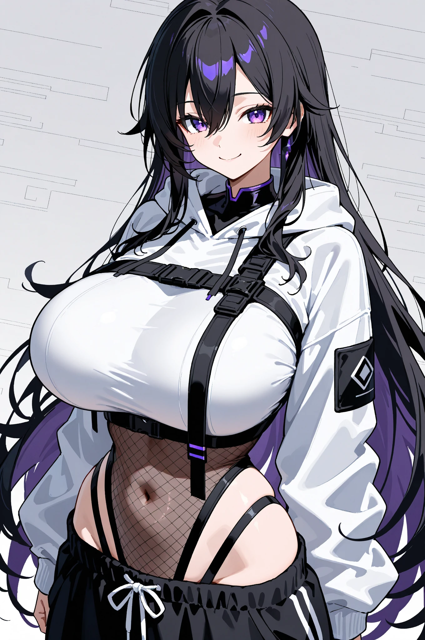 Young black girl, long purple hair, high ponytail, yellow eyes, white leather jacket, open belly, smile, open breasts, masterpiece, high quality