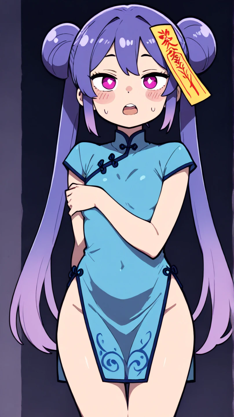 furuderika, long hair, purple eyes, blue hair, blunt bangs, , pink bow, , large breasts, , pink bow, live stage, nipple, naked, solo, Peeing, lactation, projectile lactation