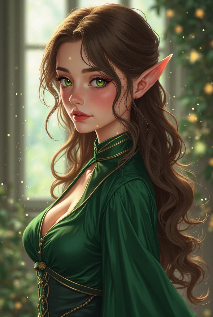 Aurum is an imposing and exuberant female elf figure., with a generous, curvy silhouette, extremely large breasts,gigantic breasts, She looks like anime characters and exudes sensuality.. She is dressed as a queen in a green dress, Adorned with golden jewels and precious stones that shine brightly. Your gaze is penetrating and full of intensity., Transmitting power and authority.. Aurum is surrounded by rose petals that accentuate its aura of beauty and sensuality.... Your mouth is well marked and seductive., and your whole body radiates an irresistible sensuality.