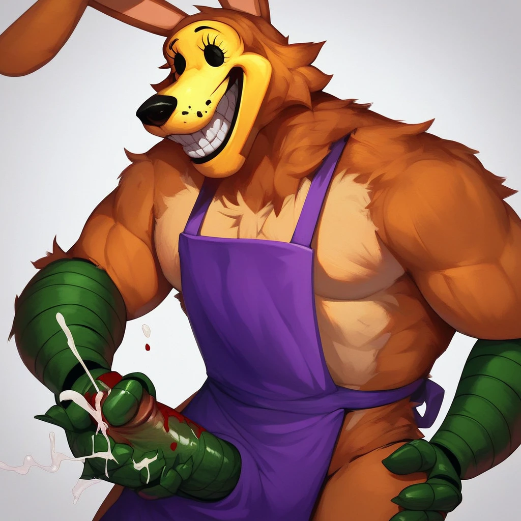 Springtrap FNAF / Five Nights at Freddy's, best quality, Waiter Set, Smirking, cool pose, Coffee, Morning Cafe Background, large bulge in underwear, large chest, muscles, blue underwear