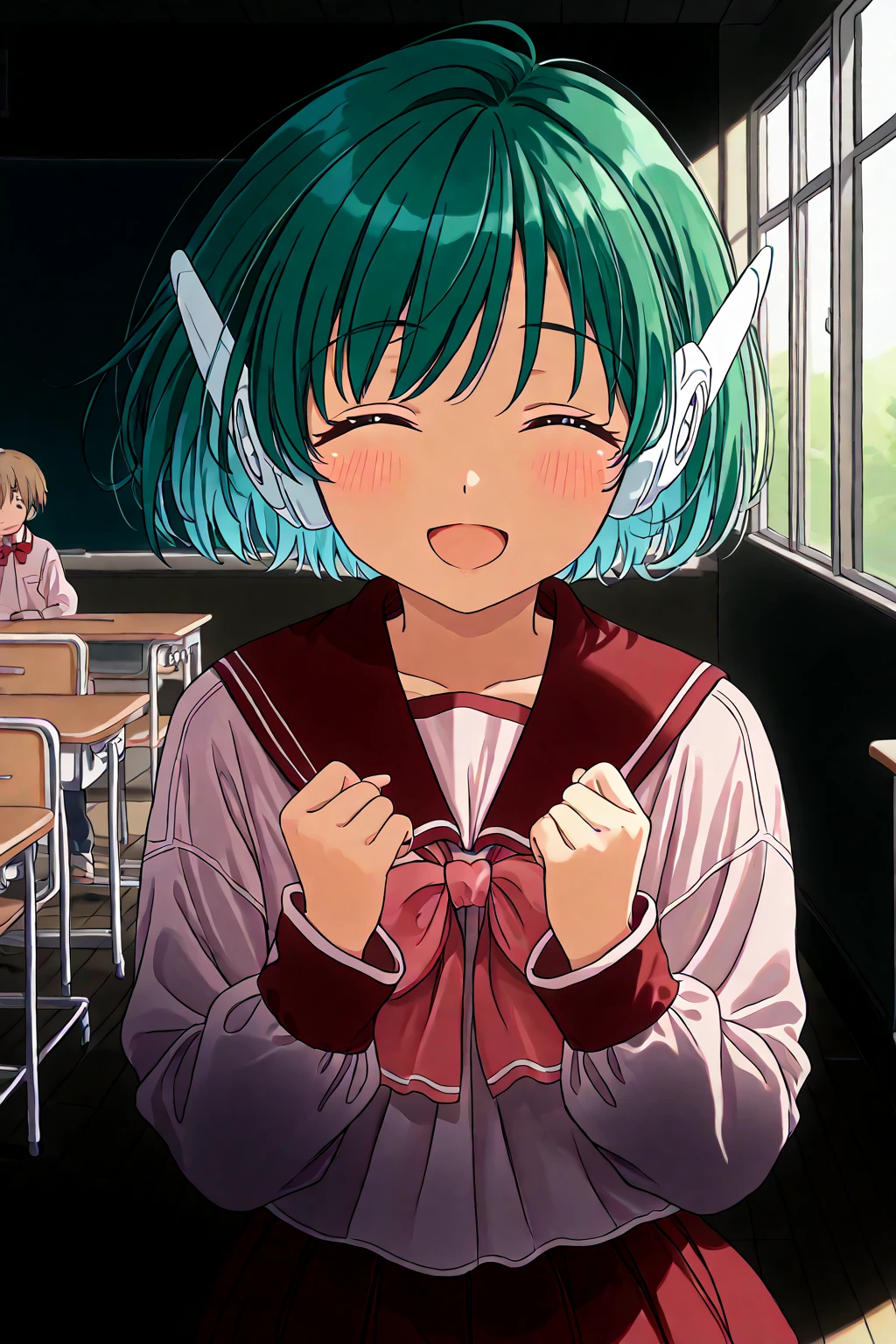 1 girl, cute, young, green hair, bob haircut, green eyes, sailor uniform, thigh high, {{{{{{{{excessive cum}}}}}}}}, bukkake,