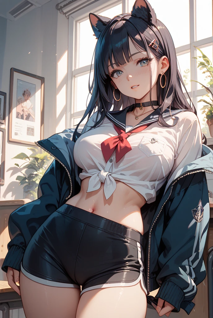 (masterpiece, best quality), beautiful girl, uniform skirt (detailed beautiful eyes) underwear, black pantyhose, full body shot, visible bellybutton