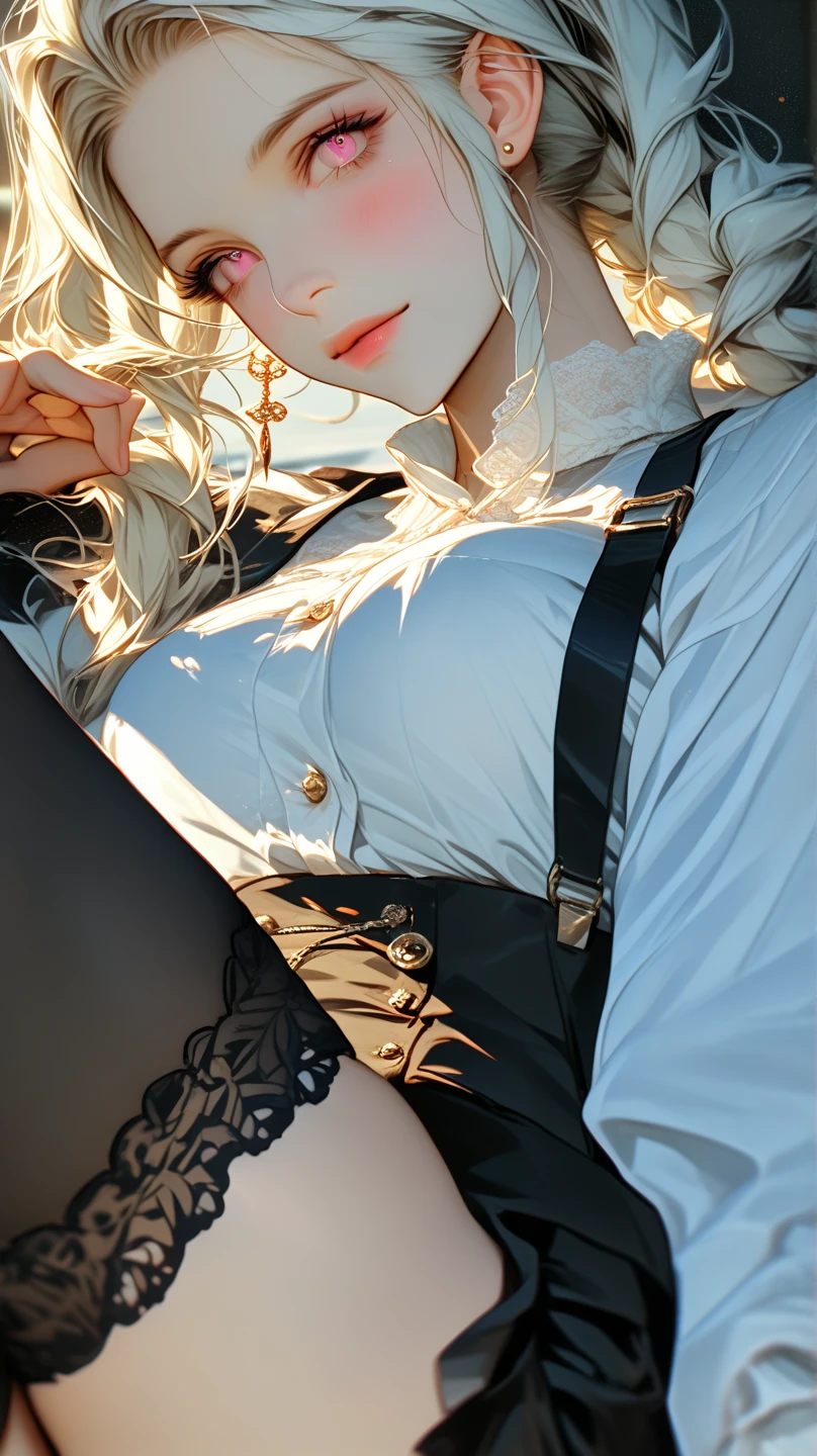 lying face down on the bed, (masterpiece, best quality:1.4), absurdres, highres, ultra detailed, beautiful, (secretary), (perfect face, detailed face, beautiful:1.3),(natural breasts, cleavage), collarbone, fingerless gloves, gloves,spaghetti strap top, black pencil skirt, tight, over the knee skirt, hat, elegant secretary outfit, thighhighs, thick thighs, thighs, multiple belts, More detailed 8K.motor irreal:1.4,UHD,La mejor calidad:1.4, fotorrealista:1.4, textura de la piel:1.4, obra maestra:1.8,obra-prima, mejor calidad,objeto Objeto], (detailed face features:1.3),(manos detailed)
