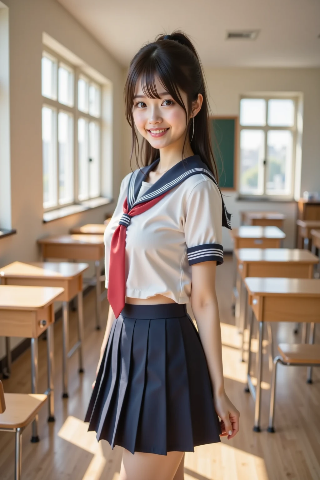 Standing in a large, empty room、Cute black hair、Twin-tailed high school girl、Summer uniform、Japanese、Makeup and a pretty face like an idol、Smiling、mini skirt、Full body portrait