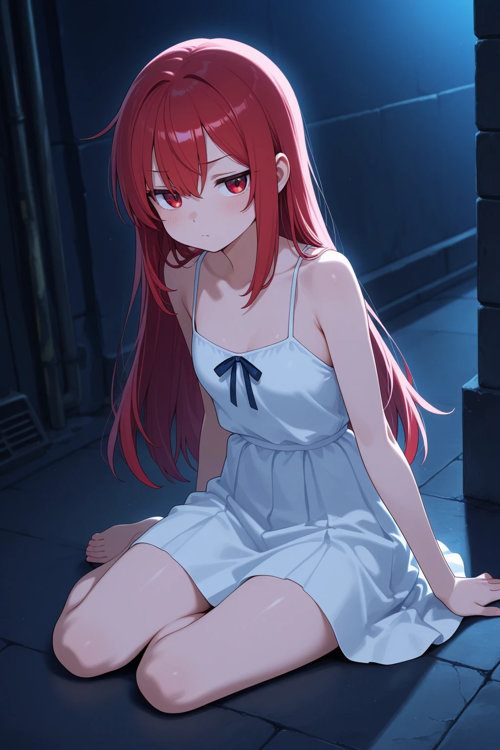 Naked teen girl with cat ears blue eyes and red hair in a abandoned school
