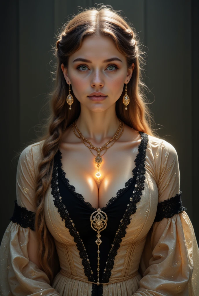 hyperrealism, (photorealistic:1.2), (film grain:1.3), masterpiece, best quality, perfect detail, cinematic lighting, professional photo, realistic photo, raw photo, medieval style, gorgeous middle-aged medieval queen, very thin, large breasts,  medieval dress, shoulders open, neckline, crown on head, sitting on a throne, old photo, gloomy atmosphere,