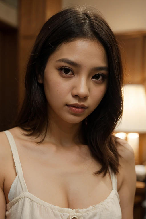 photo of black hair female, sharp face lines, skinny face, beautiful slim face, black long hair, beautiful dimples cheeks, slim beautiful japanese face, beautiful face, beautiful nose, masterpiece, high resolution, 21 years old, busty female, nice skin, american mixed japanese ethnic female, wearing unbuttoned shirt on the outside showing lingerie and short skirt, turning to look at viewer, sexy stare at viewer, can see beautiful ass, hands and feet hidden from viewer, close up shot