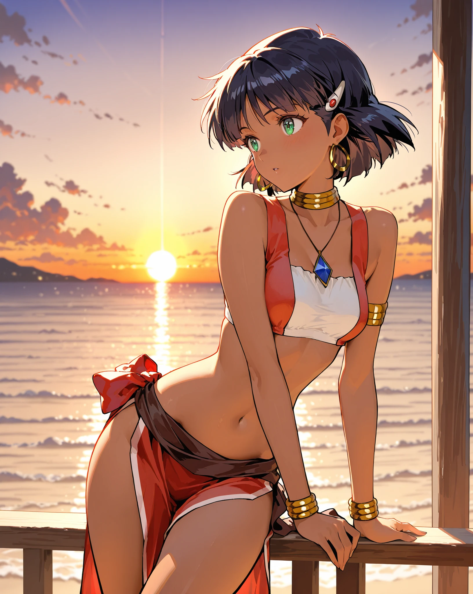 a woman in a、A dark-haired、Colossal tits、Big ass、Egypt、yellow eyes、Large, thick thighs、a short bob、wide hips、Egyptian style、black woman、Red Micro Bikini、