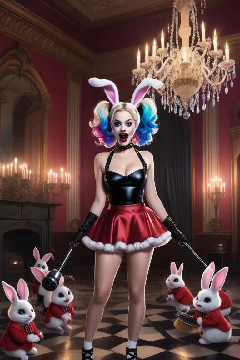 Create an image of a dynamic and intense comic book character, resembling Harley Quinn, in a (vivid and chaotic urban battlefield:1.6). The character has a pale face with exaggerated makeup: (blue eyeshadow on one eye:1.6) and (red on the other:1.6), with (matching blue and pink pigtails:1.6). She is dressed in a (tight, shiny, red and blue jester costume:1.6) with a white ruffled collar and pom-poms. She is (wielding a giant candy cane dildo:1.6) like a weapon, holding it across her shoulders with a mischievous, wide-open grin. The background features a cityscape in disarray, with exploding cars, flying playing cards, and debris creating a sense of action and chaos. The image should be vibrant, with sharp contrasts and a surreal, high-energy feel.