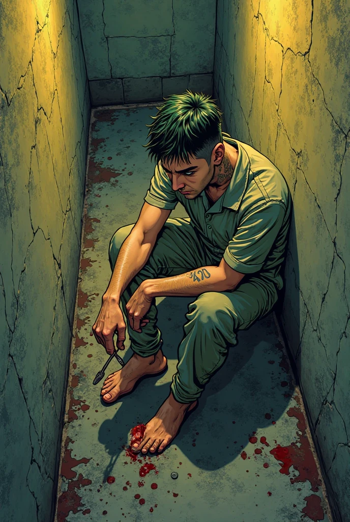 Oil painting, Blue and green colors, woman and Man sitting and looking ground, darkness, sadness, faded, spilled, dark, artistic,