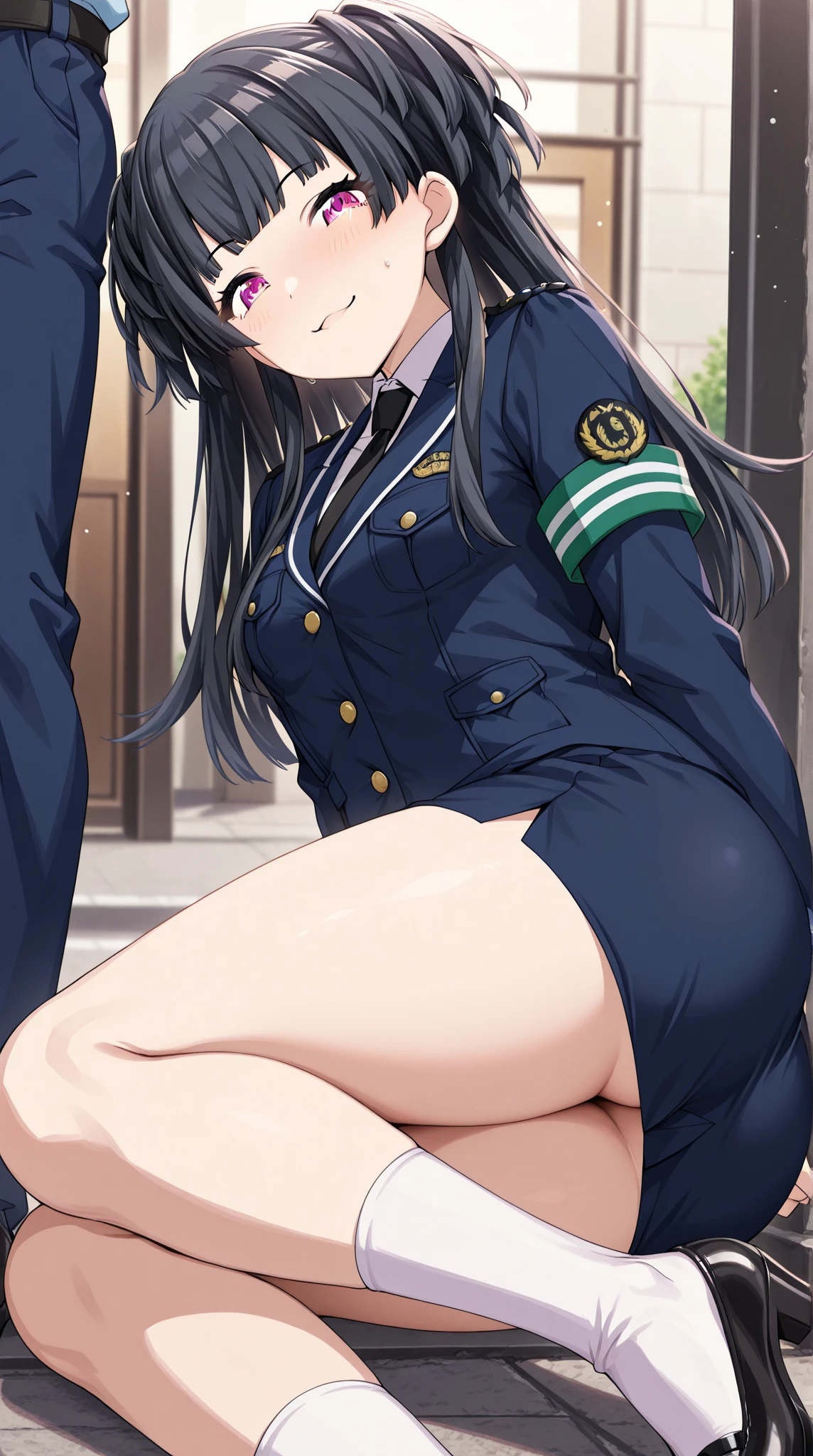1 woman, skirts, (show off g-string detailed pantie), (hands skirt lift), from front, cowboy shot, BREAK annoyed,shoot from below,police uniform