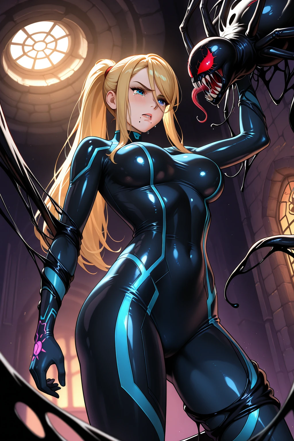 ((Best quality at best)), (The is very detailed:1.2), he is on the side, tmasterpiece, ((offcial art)),1个Giant Breast Girl, Alone,
symbiote,SpiderGwen,SVGM,Blonde hair,