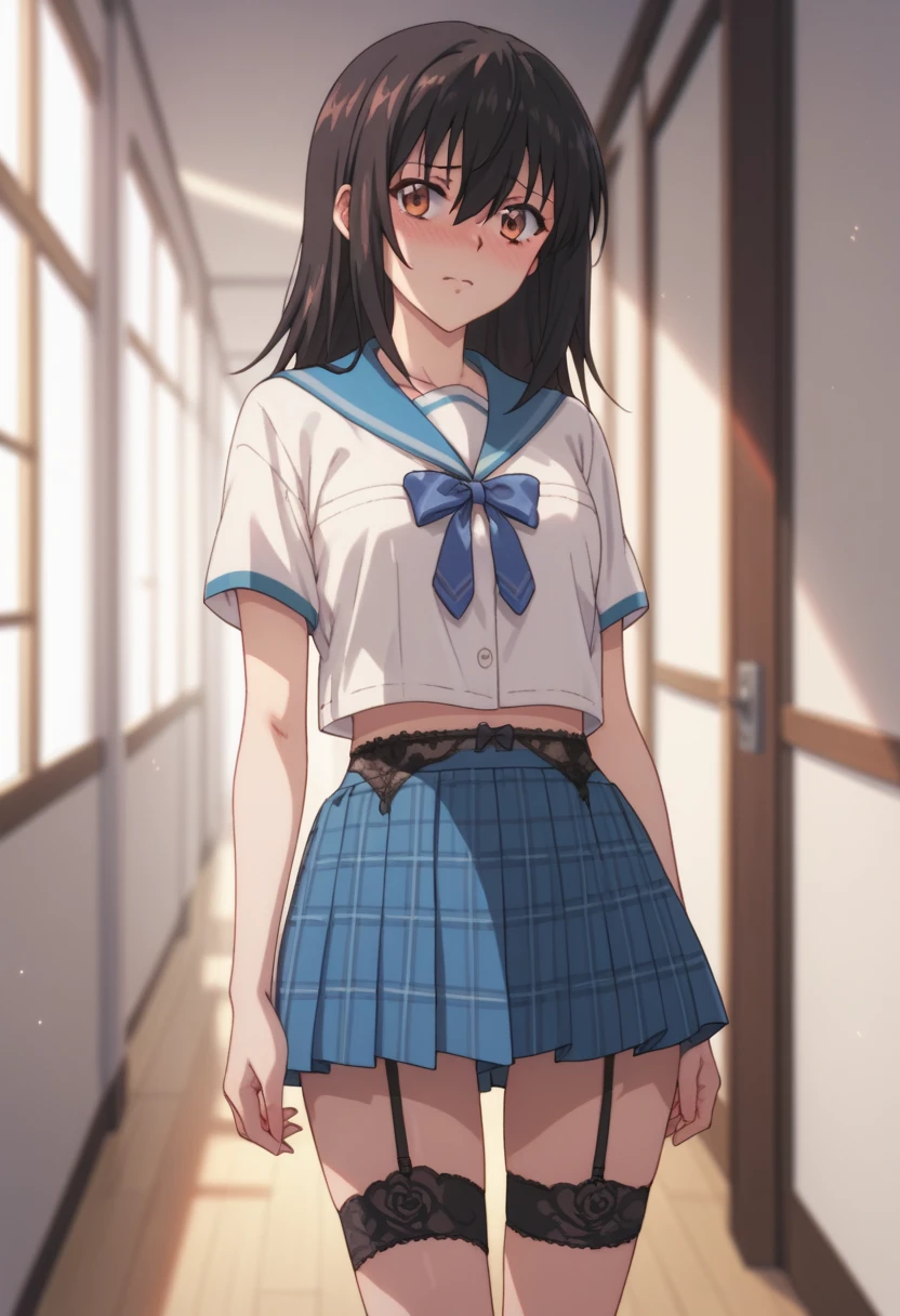 ((1 girl))、smile、small breastsのヌード、(cowboy shot)、(cardigan)、chest roll up clothes,pull clothes,((flat chest:1.3))、((I can see your nipples:1.5)),(NSFW), No bra, (black skirt),look down, ((classroom:1.5))Upper body,classroomのシャツロールアップシャツセーター高解像度,look down, Upper body,hair,Fair skin,classroom,small breasts,shaved pussy、single blade