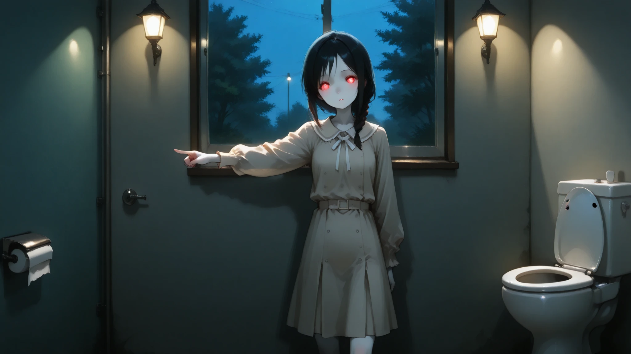 1girl, eerie, horror, thriller, curiosity, blood, darkness, panorama, despair, ghost, ghost, death