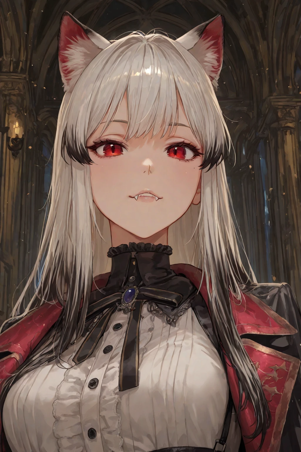 score_9, score_8_up, score_7_up, best quality ,masterpiece, 4k, Japanese anime, 1girl, (white skin:1.2), navy blue hair, medium length hair, blue ribbon, drill hair, wavy hair, (mechanical dragonhorn:1.5), (mechanical wing:1.2), (eye lashes:1.3), (eye shadow:1.3), blue eyes, (beautiful detailed eyes:1.4), evil smiling, 130cm tall, original character, fantasy, (white background:1.2), (full body:1.8), beautiful fingers, standing, (red black lace frill armor dress:1.5), (mechanical headdress:1.5) , shoot from front, looking at viewer  , 