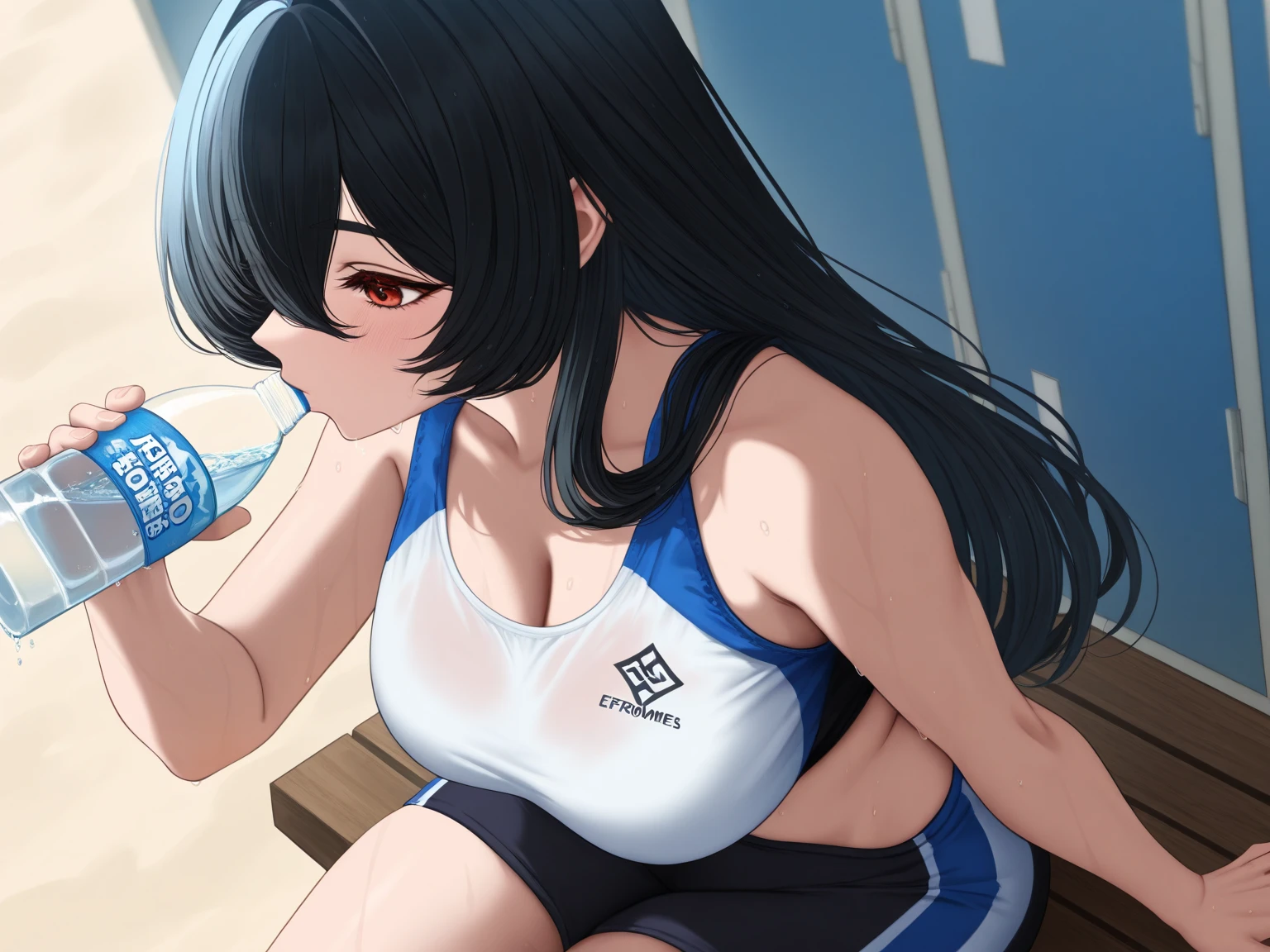 the bulletbillzette , and a girl with dark skin, athletic body, huge breasts, long black hair, straight bangs, crimson red eyes, wears a short tank top, showing off her abs, holding a bottle of water, with the other hand on her waist , standing, 1 girl, perfect anatomy, pretty face, perfect hands, no extra arms or legs, 4k resolution, simple background.