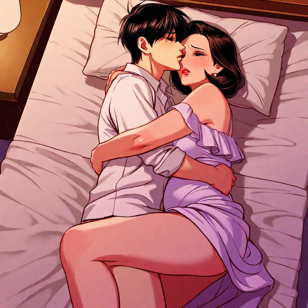 Asian Women hugging Asian Men from behind her body, Hugging Spooning position, Spooning position in bed, men are fully naked no clothes on while women with clothes on, comic artstyle 2D