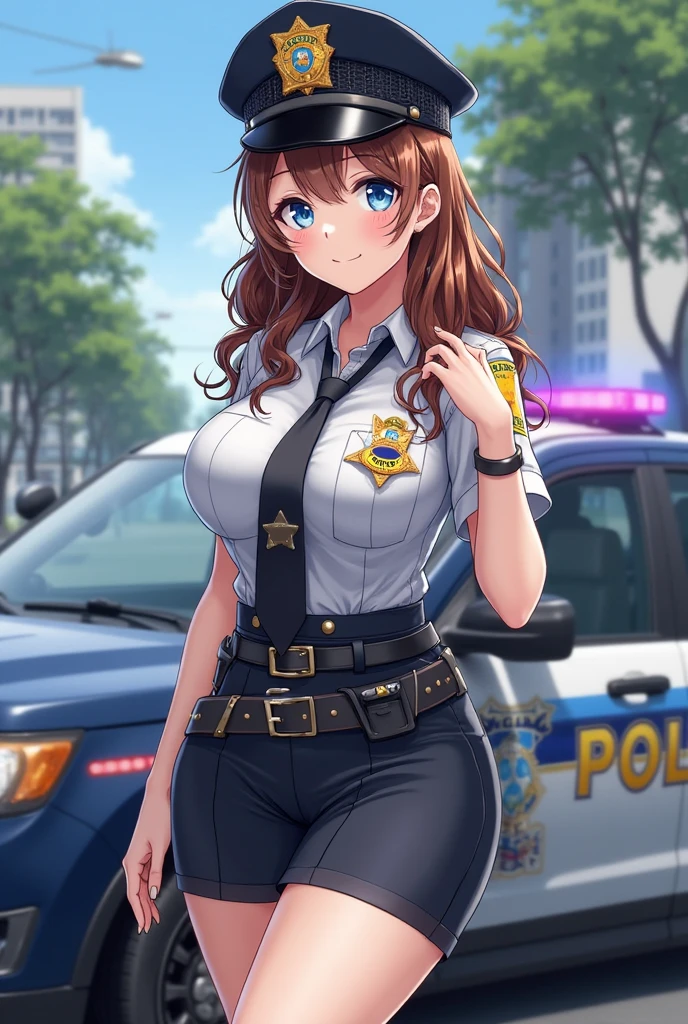(top-quality: 1.3), (masterpiece: 1.3), (Super Detail: 1.3), (wall-paper, one girls: 1.1)、(Detailed hands and fingers:1.2)、(Detailed ultra-oily shiny skin:1.1)、(police officer uniform:1.4)、(Light blue buttoned shirt:1.4)、Black tie、(Black miniskirt:1.2)、(Raw feet:1.3),(Red panties:1.1)、Red hair、Longhaire、Straight hair、Beautiful sister、(ssmile:1.3)、(Street Trees:1.2)、(Beautiful Large Breasts:1.3) 、sexypose、is standing、dance