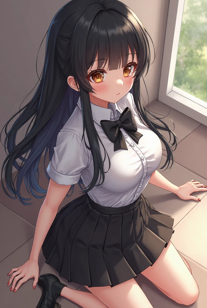 intricate detailed portrait of a girl with long black hair and bangs, wearing a very short skirt and a white shirt that is wet and see-through, revealing her ass and nipples, beautiful detailed eyes, beautiful detailed lips, extremely detailed face, long eyelashes, elegant pose, beautiful expression, realistic, photorealistic, 8k, high quality, masterpiece, award winning art, chiaroscuro lighting, dramatic lighting, cinematic, vibrant colors, dramatic colors, anime like