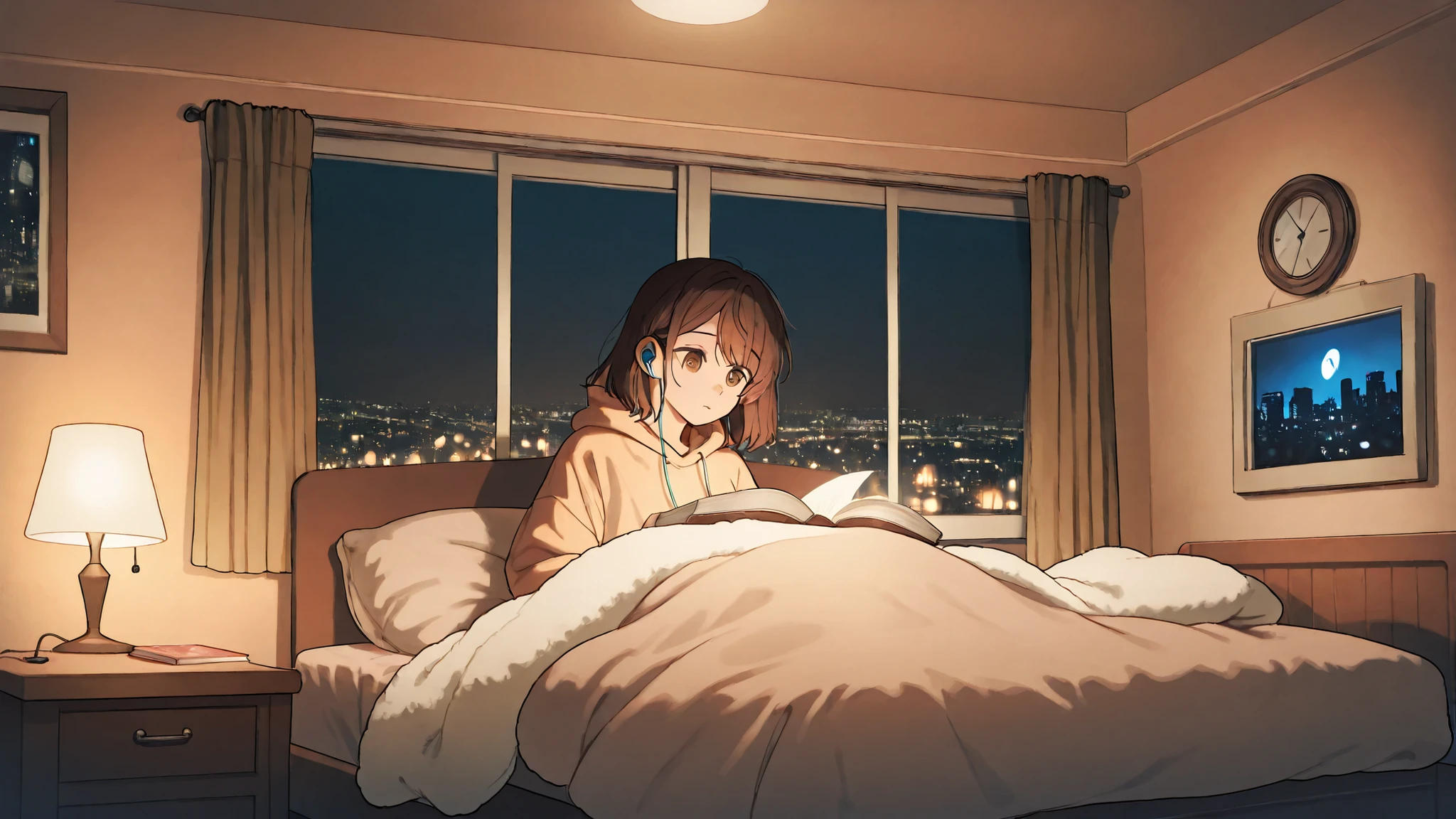lying on the bed in my room、European hippie girl listening to music on headphones and reading a book, dream, please wear headphones, night light, analog color theme, lo-fi hip hop , retrospective, flat, 2.5D ,Draw a line, ink painting, Osaka road, watercolor painting, gouache color, studio ghibli style, very colorful, outerton, Krautlock, Lofiato,old texture, amplitude,Psychedelic atmosphere, masterpiece, Technology of Wonders,on the bed,Darken the room,beautiful sunset outside the window