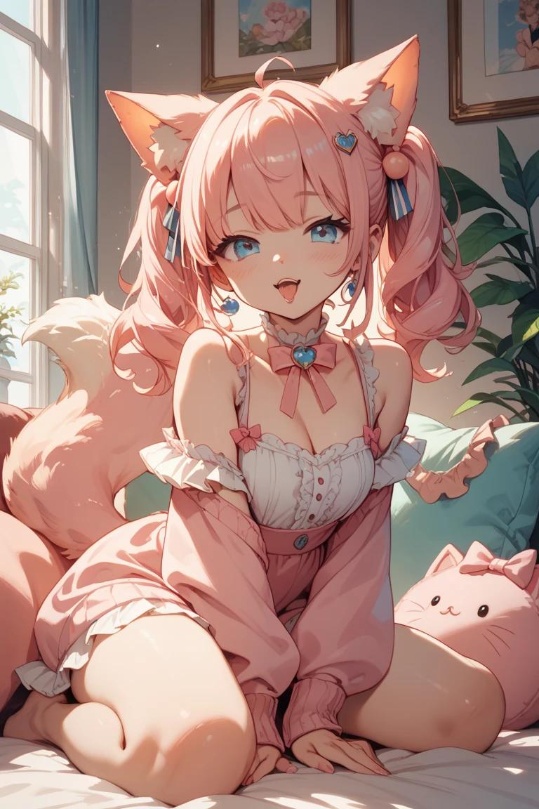 masterpiece, best quality, ultra-detailed, illustration,(1girl),beautiful detailed eyes, looking at viewer, close up, (breast focus), pink hair, shy, cat ears, white and pink dress, stockings, garters, blue eyes, thighs