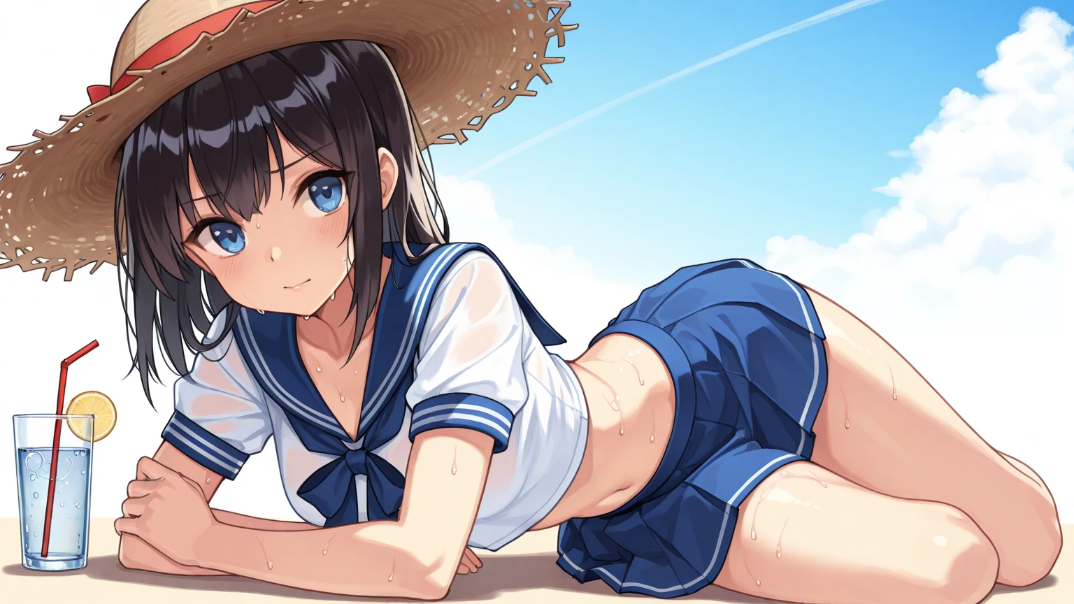 Highest quality、High resolution、Detailed Background、(Beautiful face in every detail:1.4)、Anatomically correct、(Detailed facial expressions)、(Detailed eyes:1.2)、Teenage beauty、(Highly detailed face:1.4)、(Huge breasts:1.4)、
Cute hair colour、Bobcut、ponytail、Twin tails、well-groomed eyebrows、Perfect body line、Attractive thighs、Do cute things、
(Sleeveless sailor suit:1.2)、Pleated mini skirt、White panties、no good、
Lying on the beach、Accentuate your breasts、(underboob:1.2)、Panty Shot、smile、
(Beautiful girl lying on the beach with a big smile:1.5)