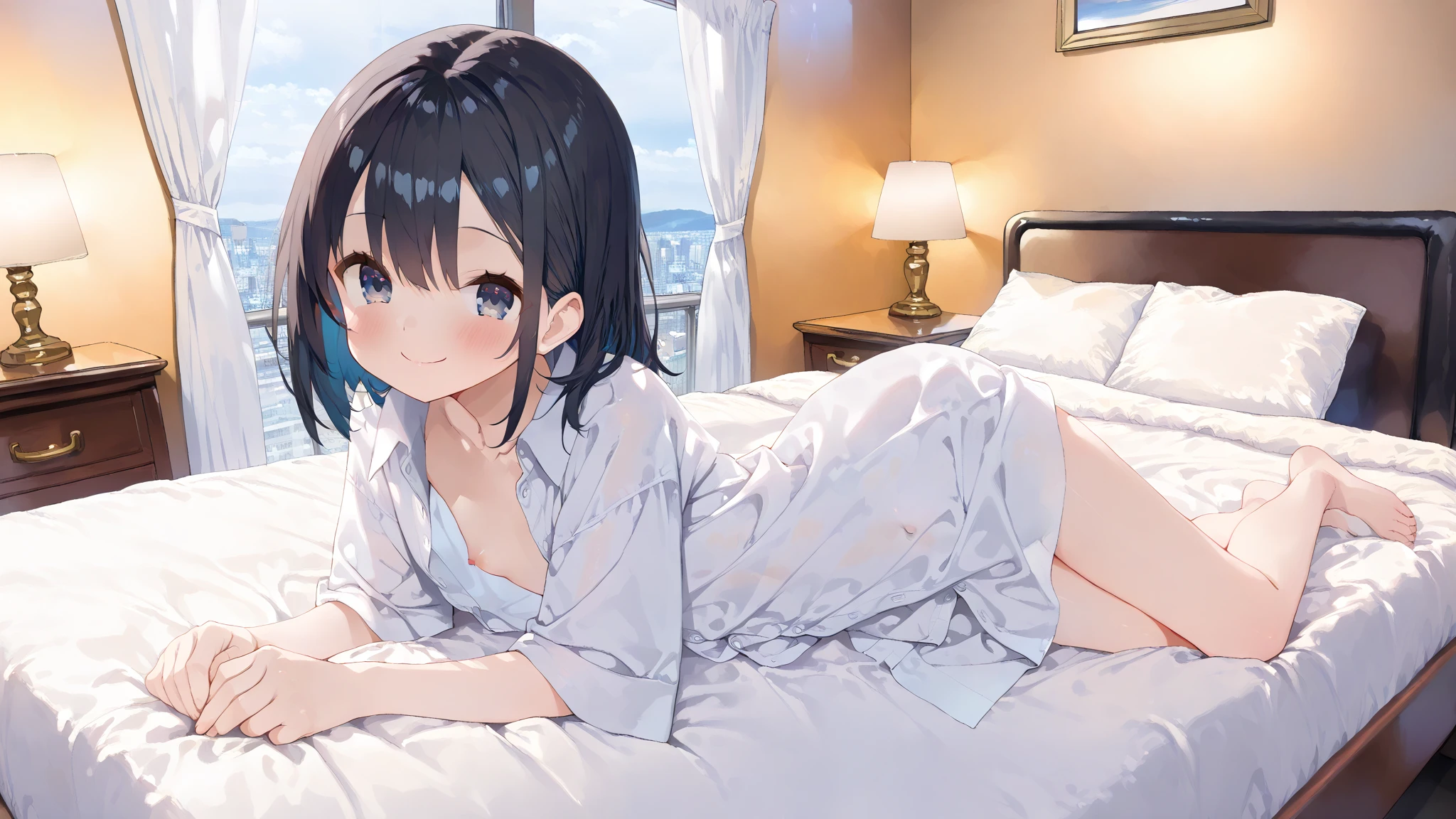 A young woman with black hair who has dropped out of elementary school, has been a recluse for many years, is unemployed, and is bedridden with depression, and is lazing around at home all day.