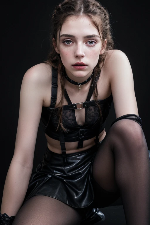 14 year old petiite cute girl in tank top, armpits, arms up, pale skin, white american, dyed blonde hair, gothic, handcuffs, bdsm, metal music, flat chested, tied up