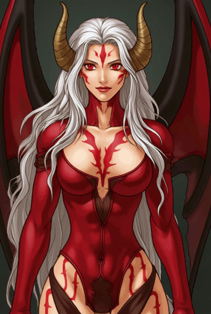 Oni girl with extreme muscular body, oni horns, red demon wings, red demon tail, cleopatra outfit, red skin, white hair and 6 gigantic breasts.
