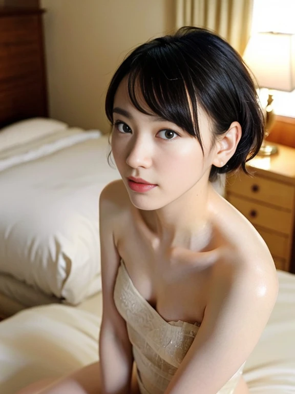 Best Quality, hight resolution, photos realistic, Detailed skin texture, Cute Girl, Young Face, ((Naked)), flat chest, ((10yaers old)), Shy, Facing the camera, slim figure, Charming gaze, japanaese girl, Fair skin, zora々appearance, Short hair, Lying on your back in bed、bustshot、eye glass、