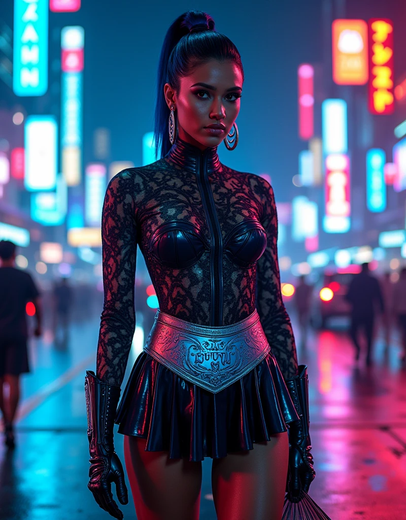 (realistic:1.3), finely detailed, quality, rembrandt lighting, (masterpiece:1.2), (photorealistic:1.2), (best quality), (detailed skin:1.3), (intricate details), dramatic, sexy, fantasy, ebony, ray tracing, 1girl, african girl, long hair, 21 years old, medium breasts, (High rise buildings, Sun, modern city, Starlight, Walking on a busy street )