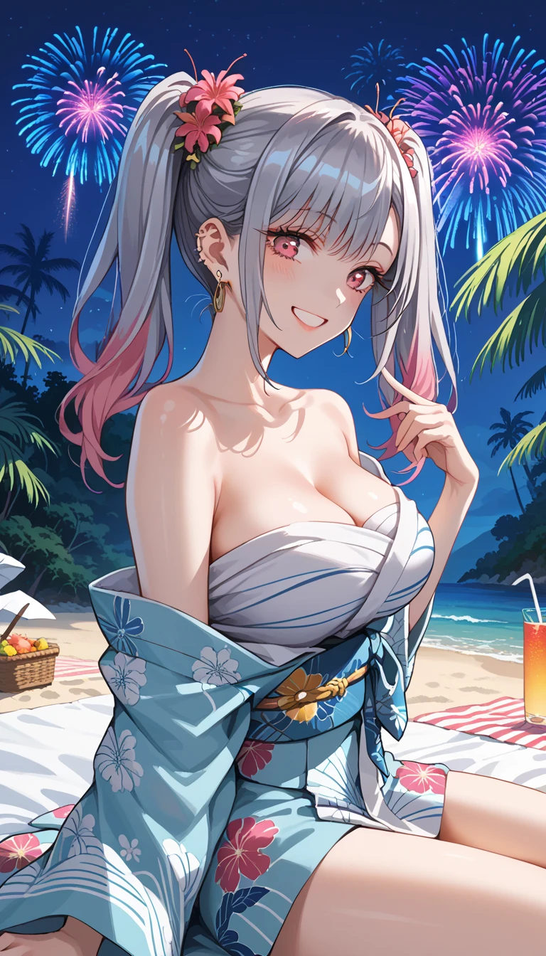 chica anime con vestido azul sentada en la playa con luna llena en el fondo, chica anime seductora, en vestido, kantai collection style, chica perfecta de pelo blanco, hermosa chica anime, guweiz, hermosa y seductora mujer anime, lindo anime waifu con un bonito vestido, en la playa, en la playa, chica con pelo blanco, en la playa, chica anime atractiva (PINK HAIR) (PINK EYES)