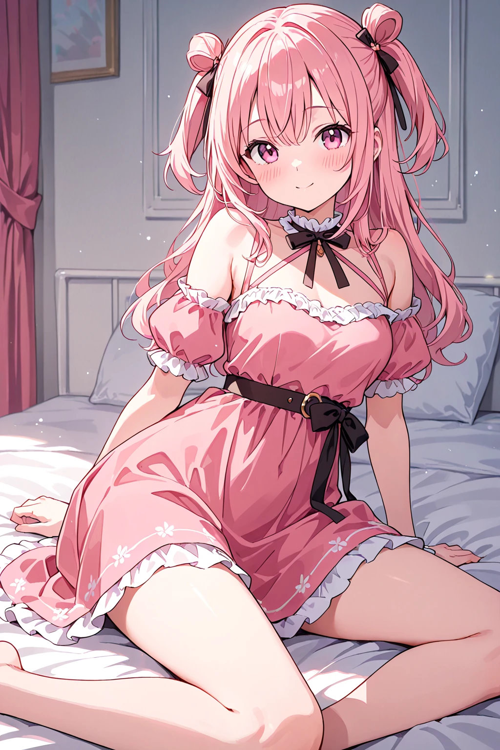 Best detail, masterpiece, highest quality, 4k, 8k, pink, ecchi, hair ornament, pink eyes, 15 years old, fashion model, , bed, lying down, appearance at birth, ecchi girl, seductive look, legs apart, blush and embarrassed, legs spread a little, and sweat from tension, the cutest girl in the world, perfect proportions,