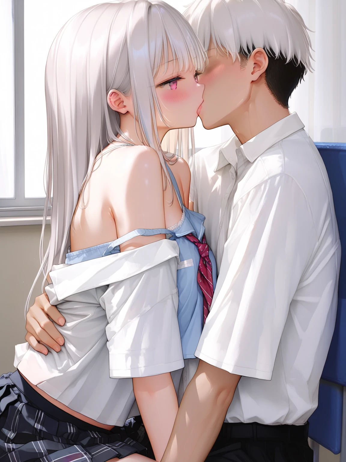 masterpiece,One girl,hospital,Examination room,Upper Body,Gray Hair,Silver Eyes,Beautiful Eyes,long hair,ponytail,Wearing a white coat,naked,Pale skin,slender,Small breasts,Small nipples,Excited expression,Sitting in a chair,One man with his face hidden,Passionate kissing,White haze