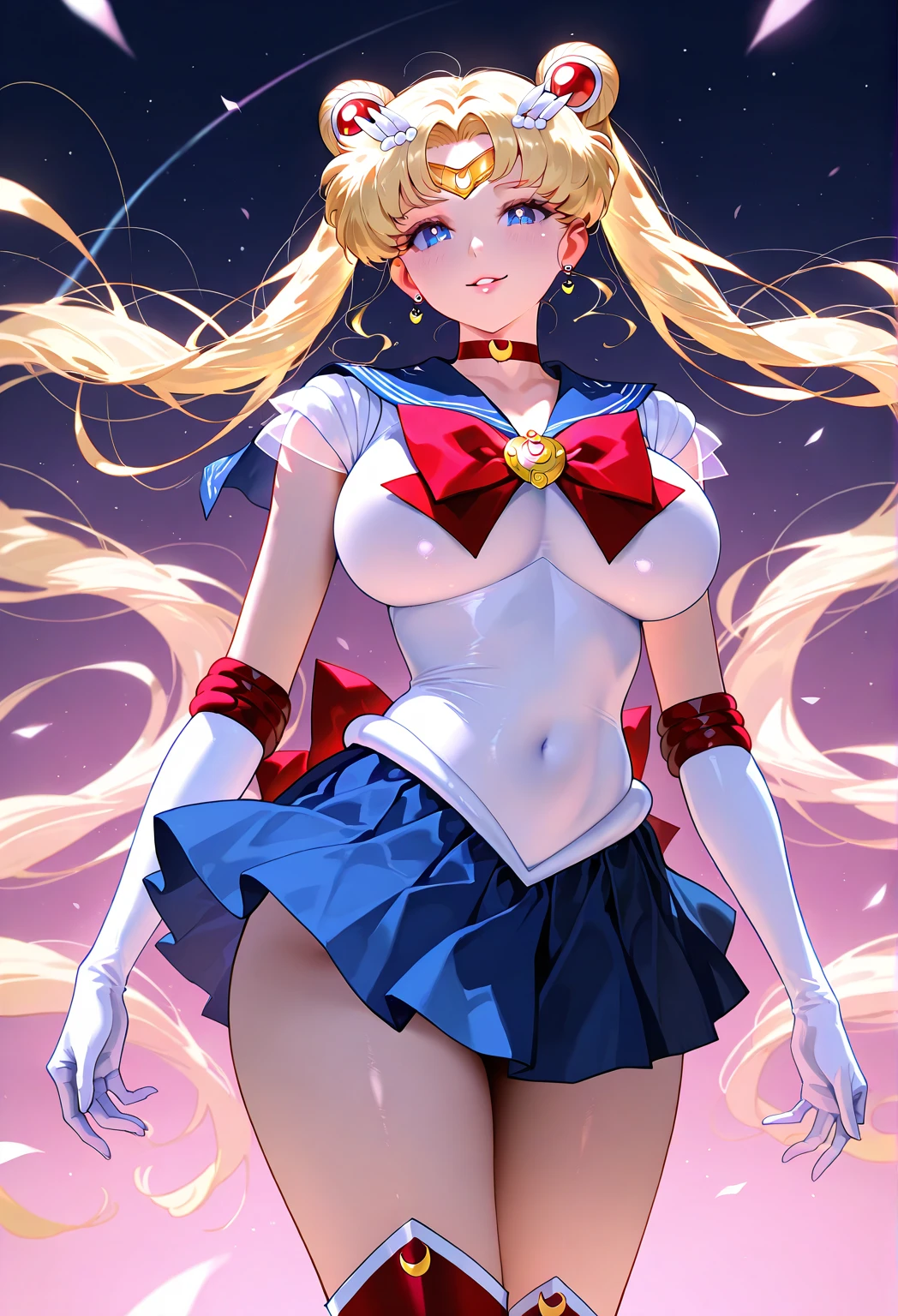 cat girl,long blonde hair,blue eyes,sexy,big chest,dressed as sailor moon sexy white and red