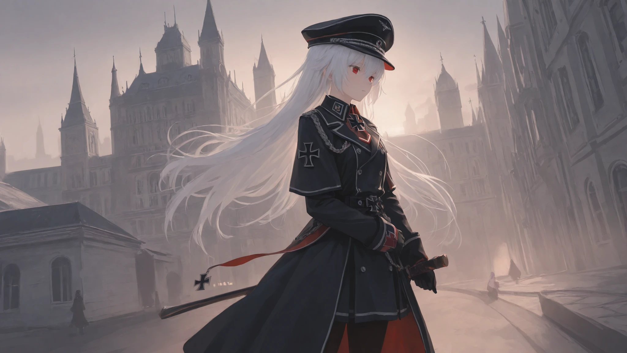 girl. white hair. Scarlet iris. order " Iron Cross ". Luftwaffe cap. Black uniform with scarlet edging. Majestic building in the background. Clearing the city from guerrillas.