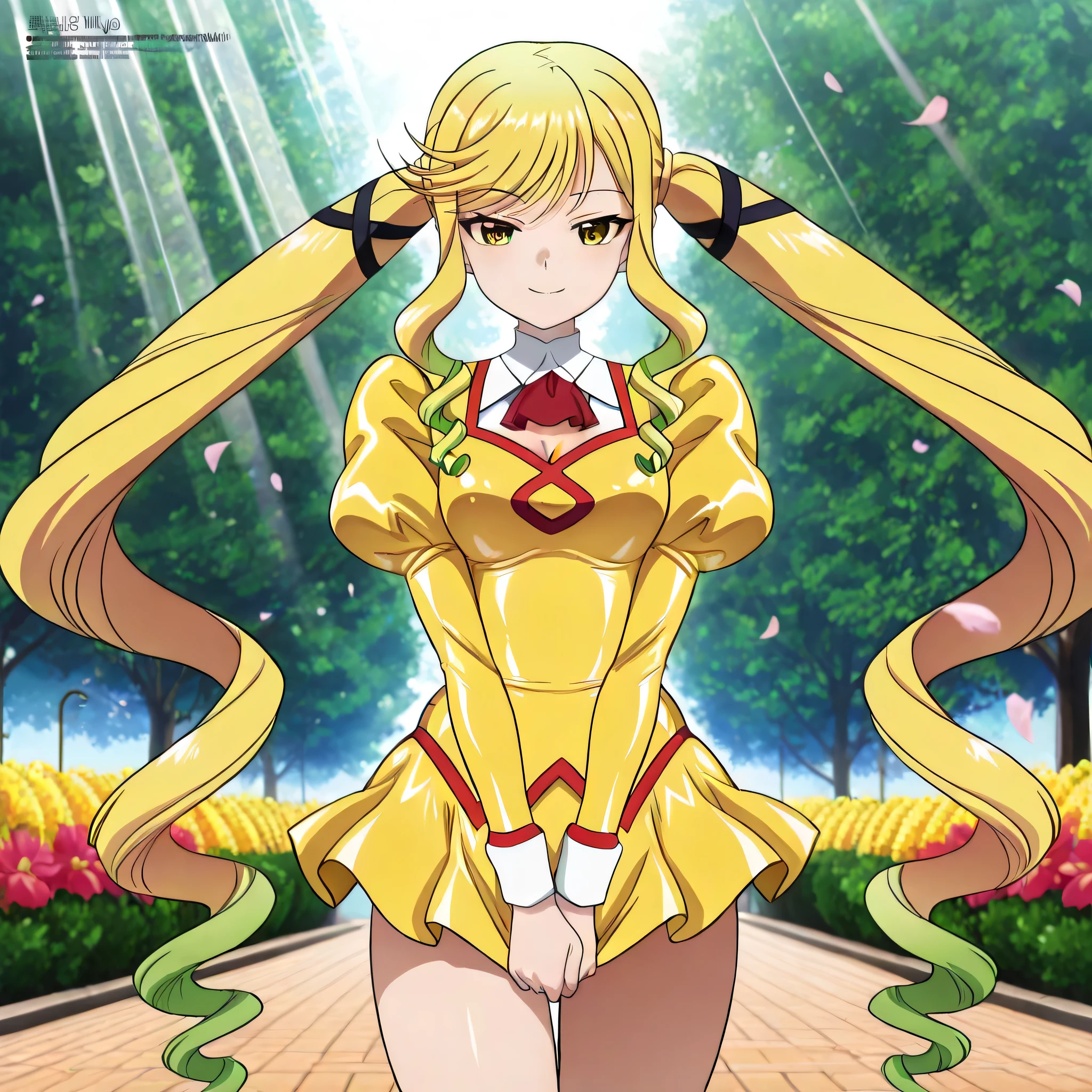 (((Masterpiece))), (((Best Quality))), ((Super Detail)), ultra-High resolution, score_9,score_8_up,score_7_up,score_6_up,score_5_up,score_4_up, BREAK, source_anime, anime screencap, uncensored, rating_explicit, Masterpiece, (best shadow), (absurdres), (detailed background), (very aesthetic), detailed beautiful eyes, outstanding, countershading, detailed soft lighting, an exquisite animation illustration, curvy, highres, shiny clothing, delmo uniform, yellow latex dress, red trim, red ascot, cleavage cutout, panty shot, panties, rieout, long sleeves, yellow dress, miniskirt, cleavage cutout, juliet sleeves, miniskirt, (((solo, 1girl))), hair ornament, seductive pose, submissive pose, anime style, anime coloring, animification, megami magazine, sexy pose, skindentation, small breast, lilisa suzunomiya, long hair, blonde hair, ribbon, very long hair, twin tails, brown eyes, yellow eyes, hair ribbon, multicolored hair, sidelocks, green hair, gradient hair, swept bangs, wavy hair, suzunomiyaririsa, two-tone hair, drill hair, long sidelocks, drill sidelocks, v arms, hand on hair, walking, petal, wind, flower, tree, garden, sunbeam, dappled light,