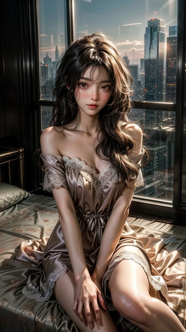 (Ultra-realistic), (figure), (High resolution), (8k), (Very detailed), (Best figure), (Beautiful fine details), (highest quality), (Very detailed), (masterpiece), (wallpaper), (Detailed face), alone, (Dynamic pose), One Girl, White wavy hair on the bed, Losing clothes, Japanese, Iris-colored eyes, (((Very thin, Small and short nightdress)), Medium chest, Long legs, Best foot comfort, (No pants), (No bra)