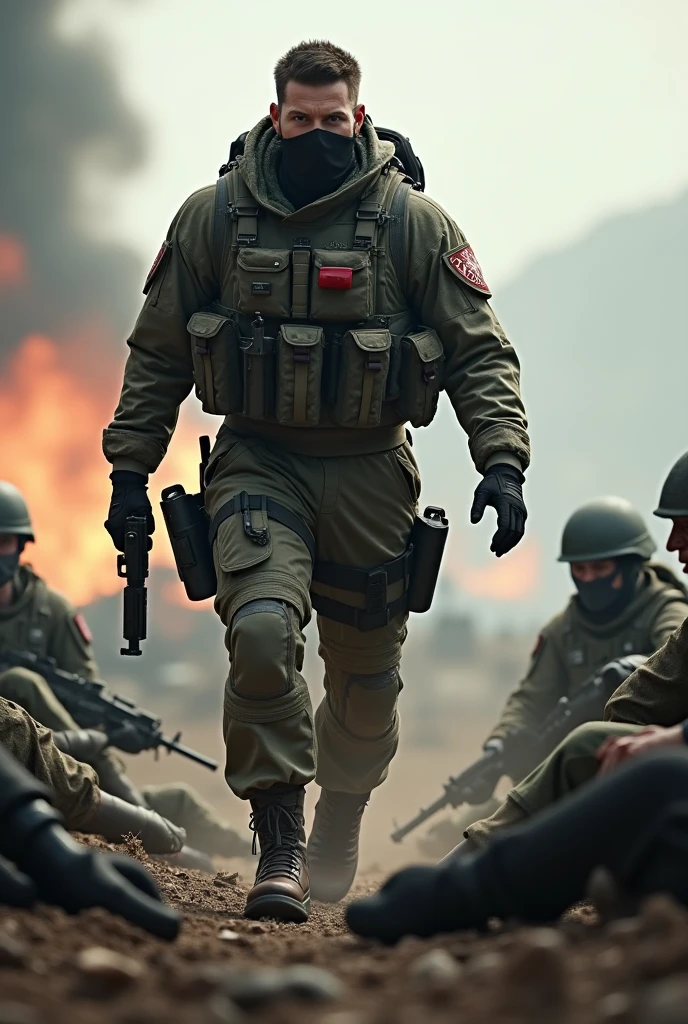 {{{tmasterpiece}}},{{{HighestQuali}}},{{{A high resolution}}},{{{Highest image quality}}},Four guerrillas dressed in red pose for a group photo in front of the camera,In the background is a birch forest,There are men and women,black glove,Several people stood separately,Face the camera head-on,Armed with a submachine gun,terrorist,